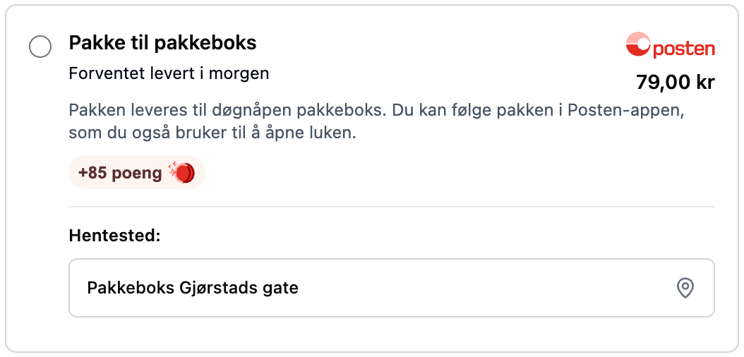 The delivery option Pakke til pakkeboks with +85 poeng