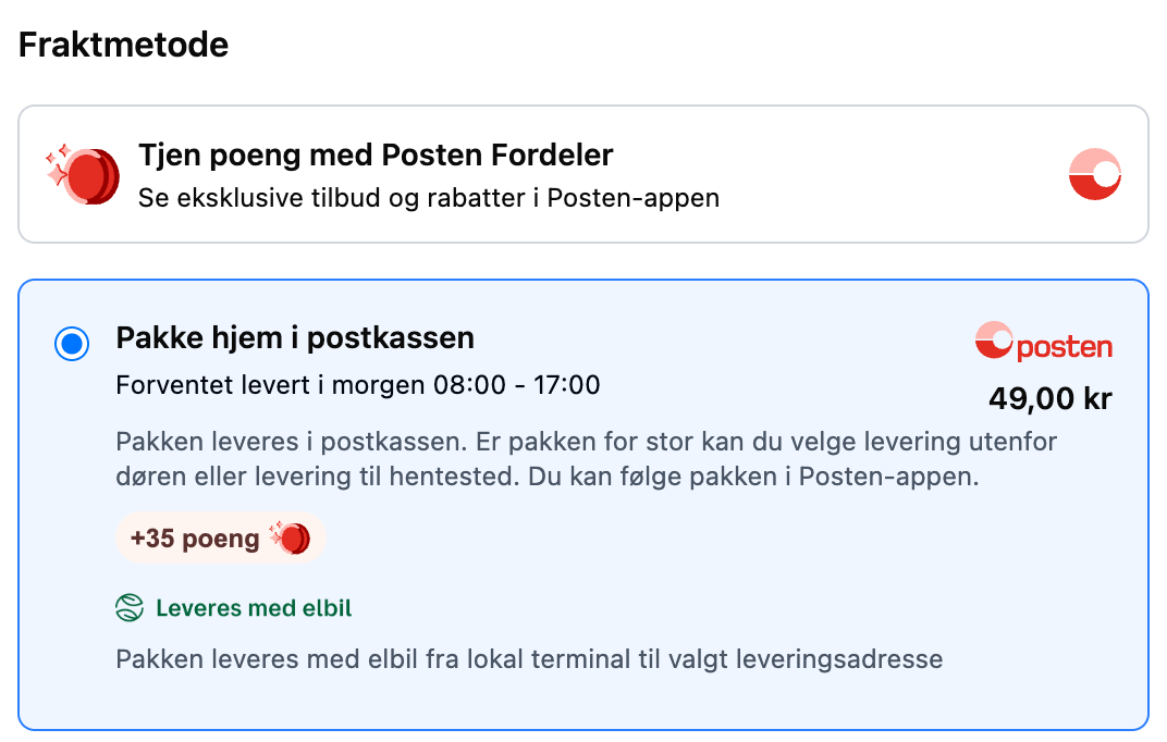 The info box above the delivery option Pakke hjem i postkassen with +35 poeng