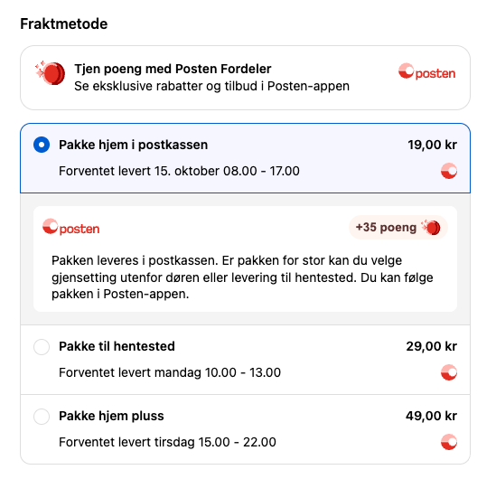 Shopify Plus checkout with the Posten Fordeler info box and +35 poeng on Pakke hjem i postkassen