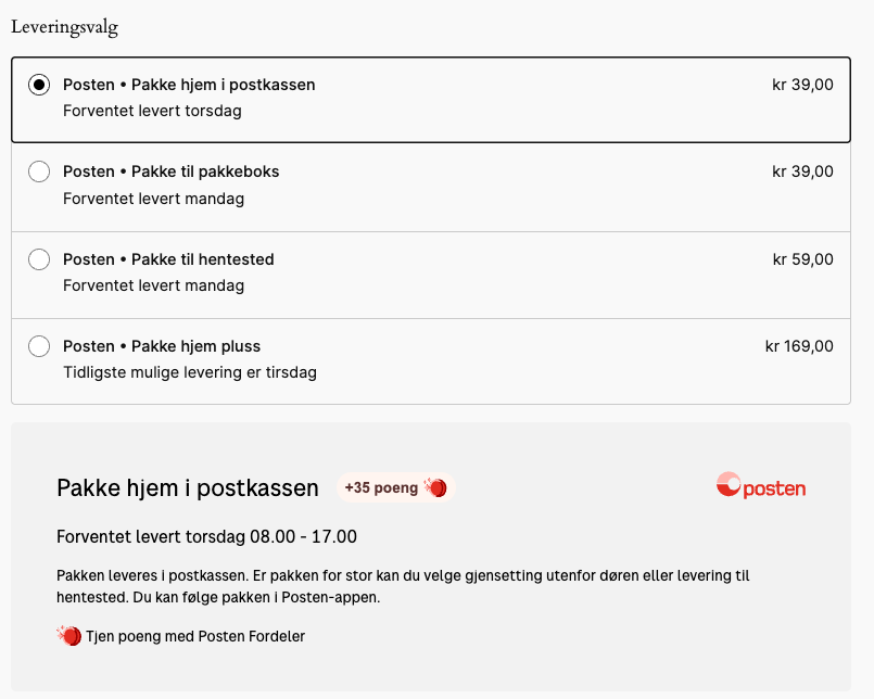 WooCommerce checkout with +35 poeng on the selected delivery option Pakke hjem i postkassen