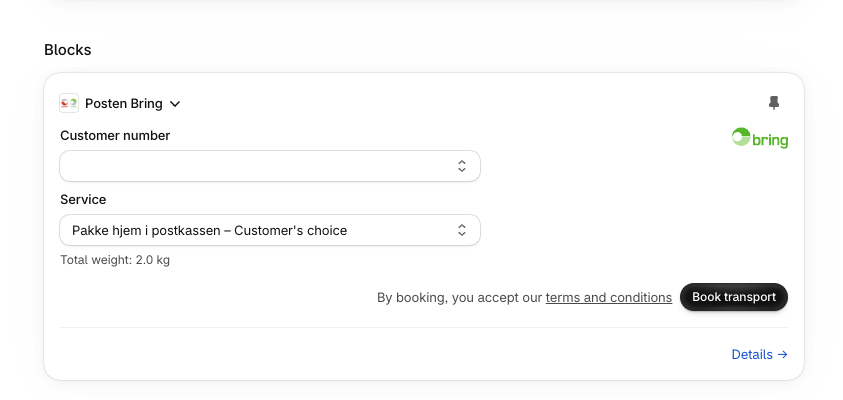 The Posten Bring block on a Shopify order, with customer number, service and a Book transport button